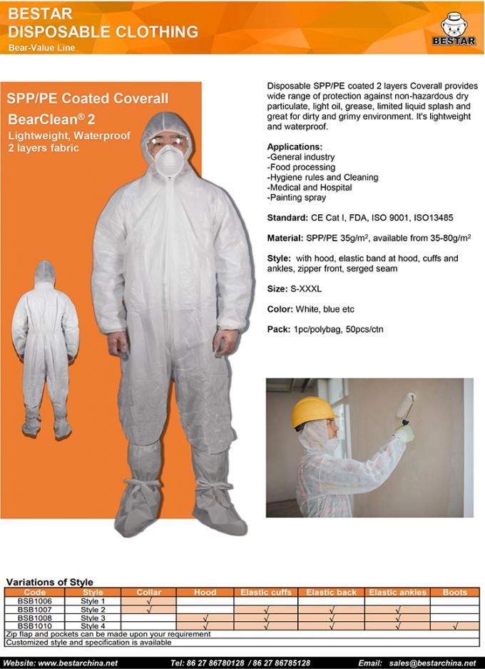 AntiDust White Disposable Overalls SPP+PE Coverall For Hygiene Rules