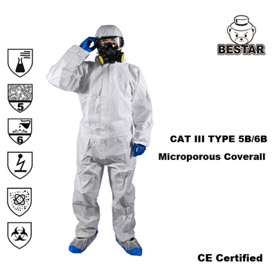 CAT III EN14126 TYPE 5B/6B White Microporous Film Coverall For Paint spraying