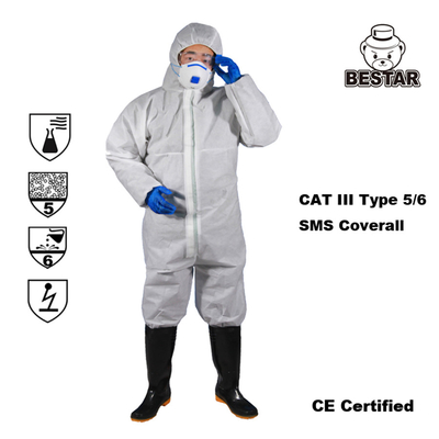 Disposable Type 5/6 SMS White Coverall for Asbestos Removal