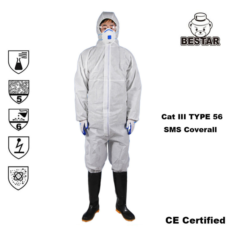 Cat III Type 5/6 SMS Disposable Protective Coverall Jumpsuits For